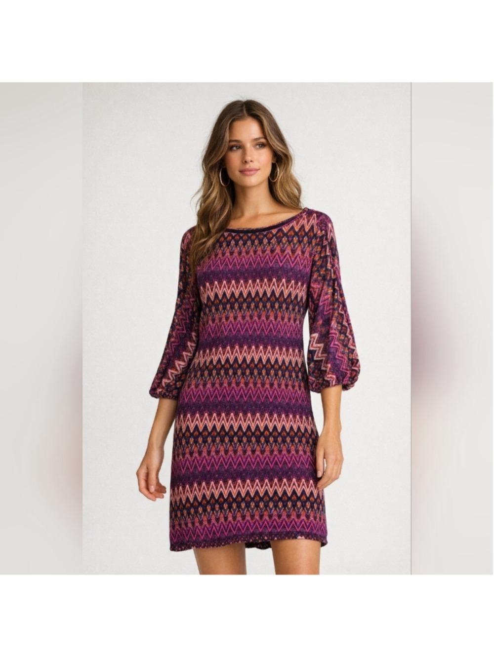 Trina Turk Zigzag Knit Dress Multicolor Pink Purple Shift Mini Lined Size Large